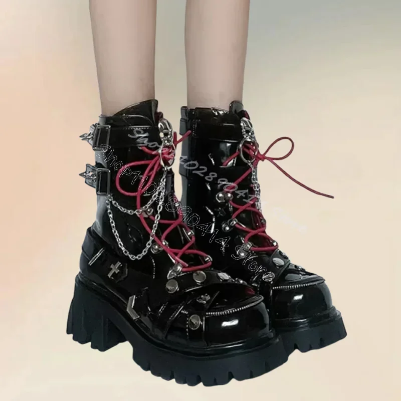 

Black Belt Fastener Chain Decor Wave Bottom Boots Side Zipper Women Shoes High Top Party Banquet Office 2025 Zapatos Para Mujere