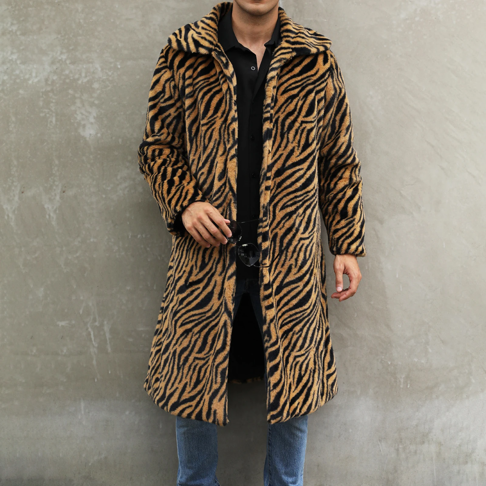 2024 Men’s Faux Fur Coat Winter Warm Long Sleeve Leopard/Zebra Print Long Jacket Open Front Overcoat