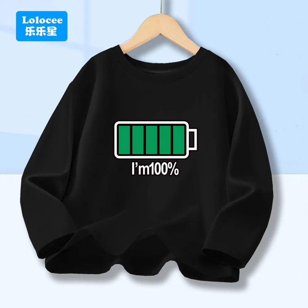 Boys Kids Spring Autumn Tops Clothes 2025 Children Funny Full Energy Battery Long Sleeved Toddler T-shirt Cotton Tee DCW1