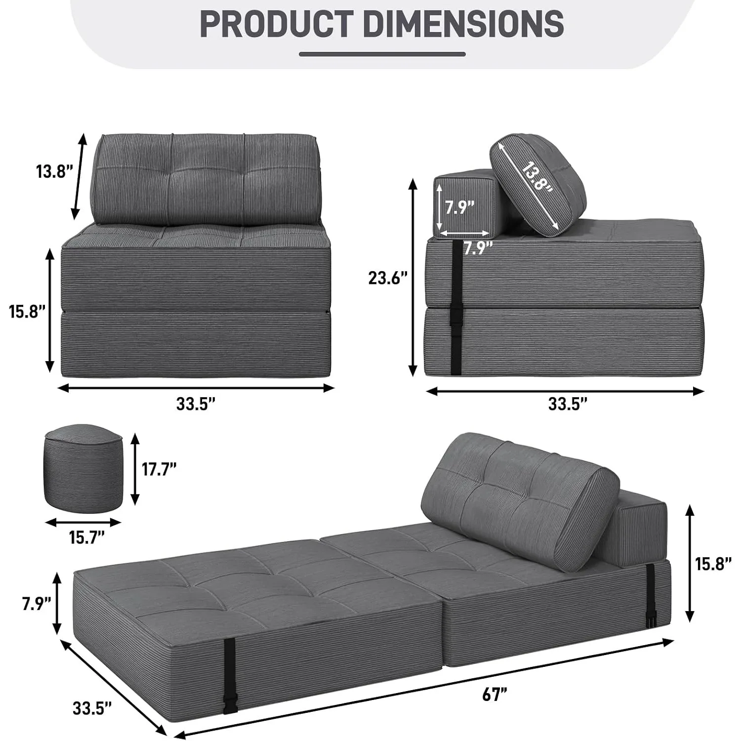 Folding Sofa Bed with Ottoman, 3-in-1 Convertible Floor Sleeper Chair w/28D High-Density Foam, Customized