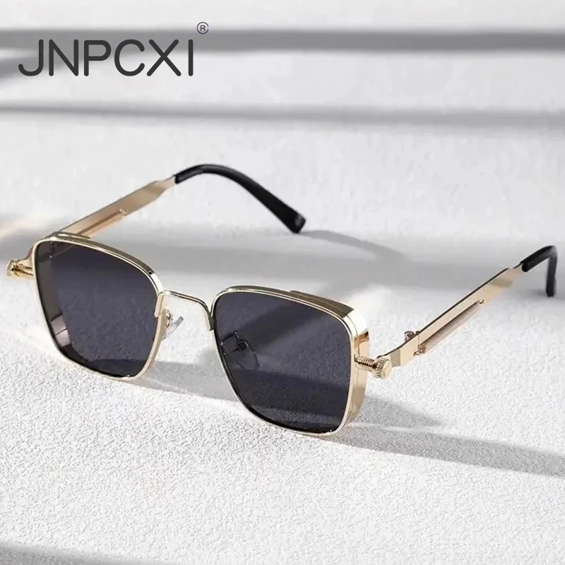 

JNPCXI New Men Driving Sunglasses Vintage Steampunk Square Sunglasses Metal Frame Spring Hinges Women Trendy Driver Glasses