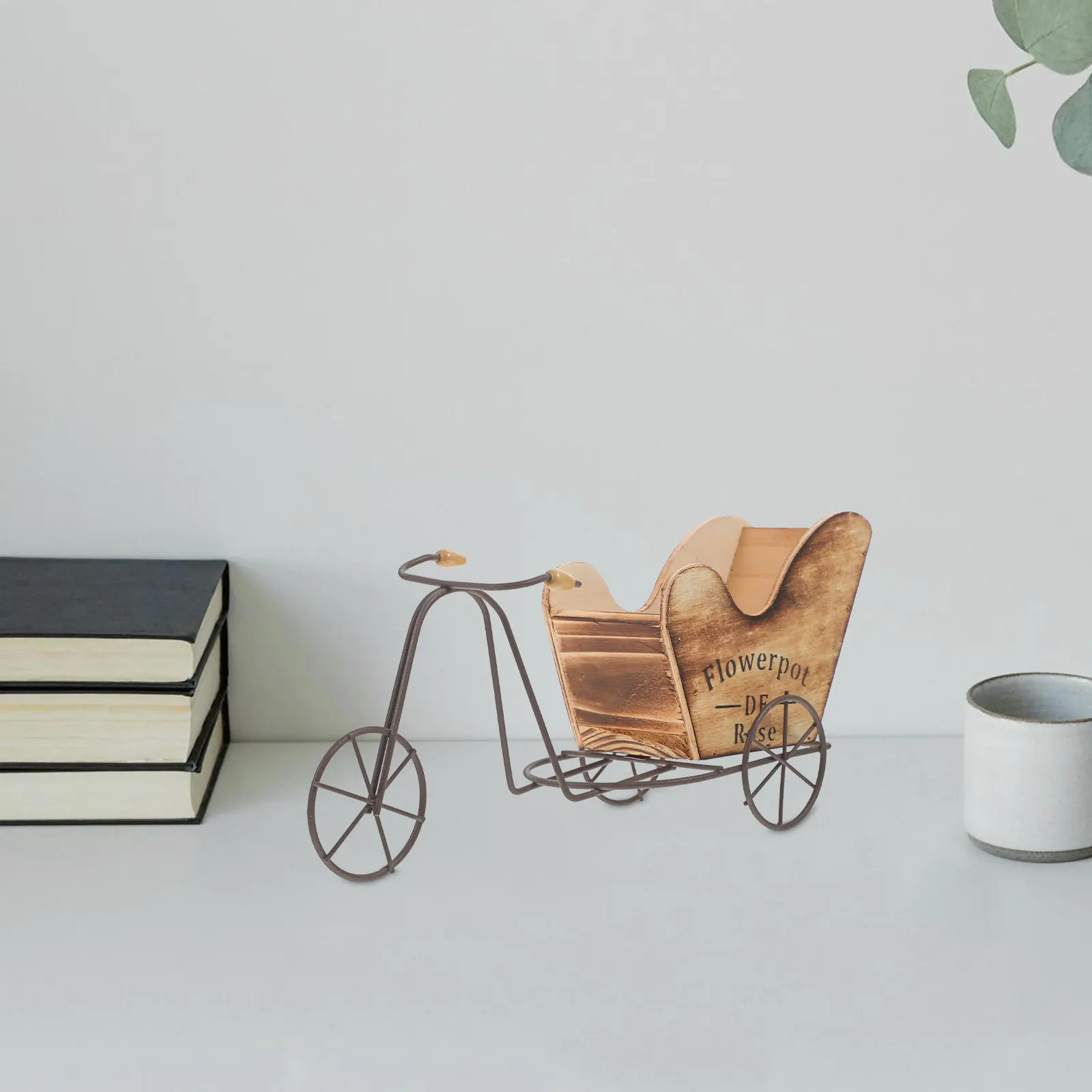 Small Vintage Iron and Wood Bicycle Desk Ornament with Planter Function Elegant Home Decor for Tabletop Shelves Mantelpiece Bike