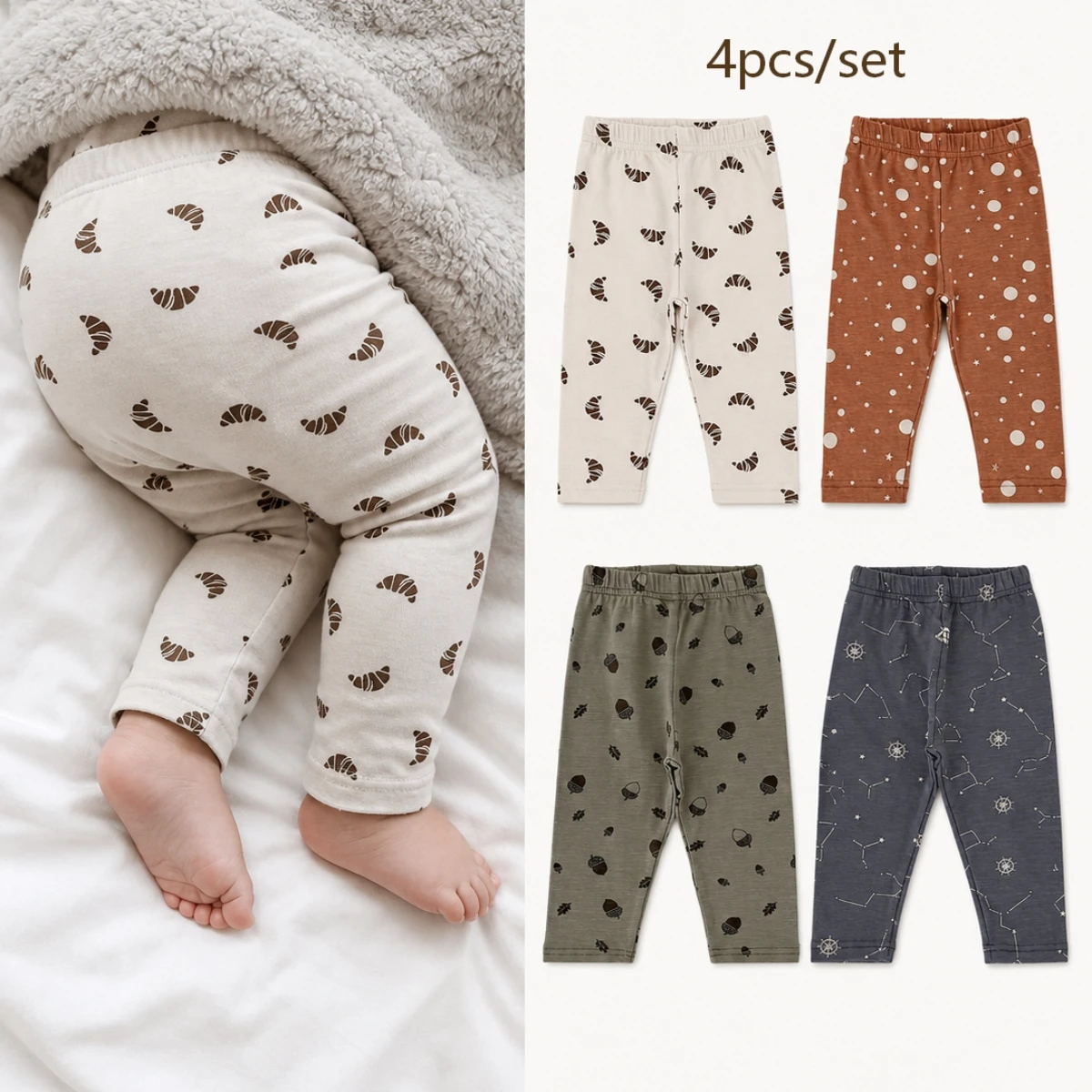Spring Autumn Unisex Baby Clothes 4‑Pcs Versatile Print Leggings Set, Cartoon Pattern Elastic Waist Infant Casual Pants