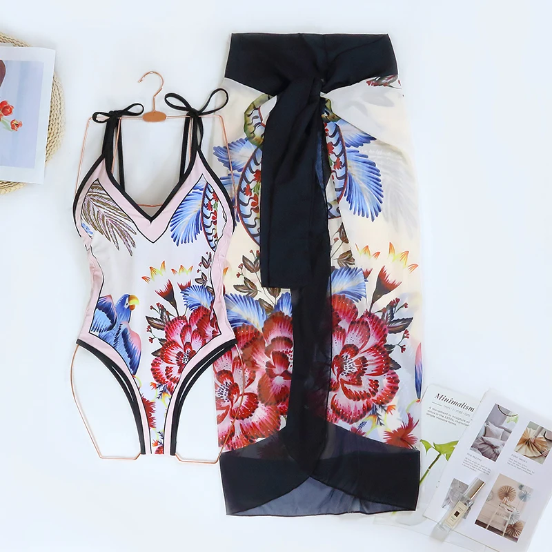 2024 mulheres roupa de banho 3 peça conjunto biquíni 3d flor vintage impressão maiô cintura alta sexy verão praia vestido bodysuit