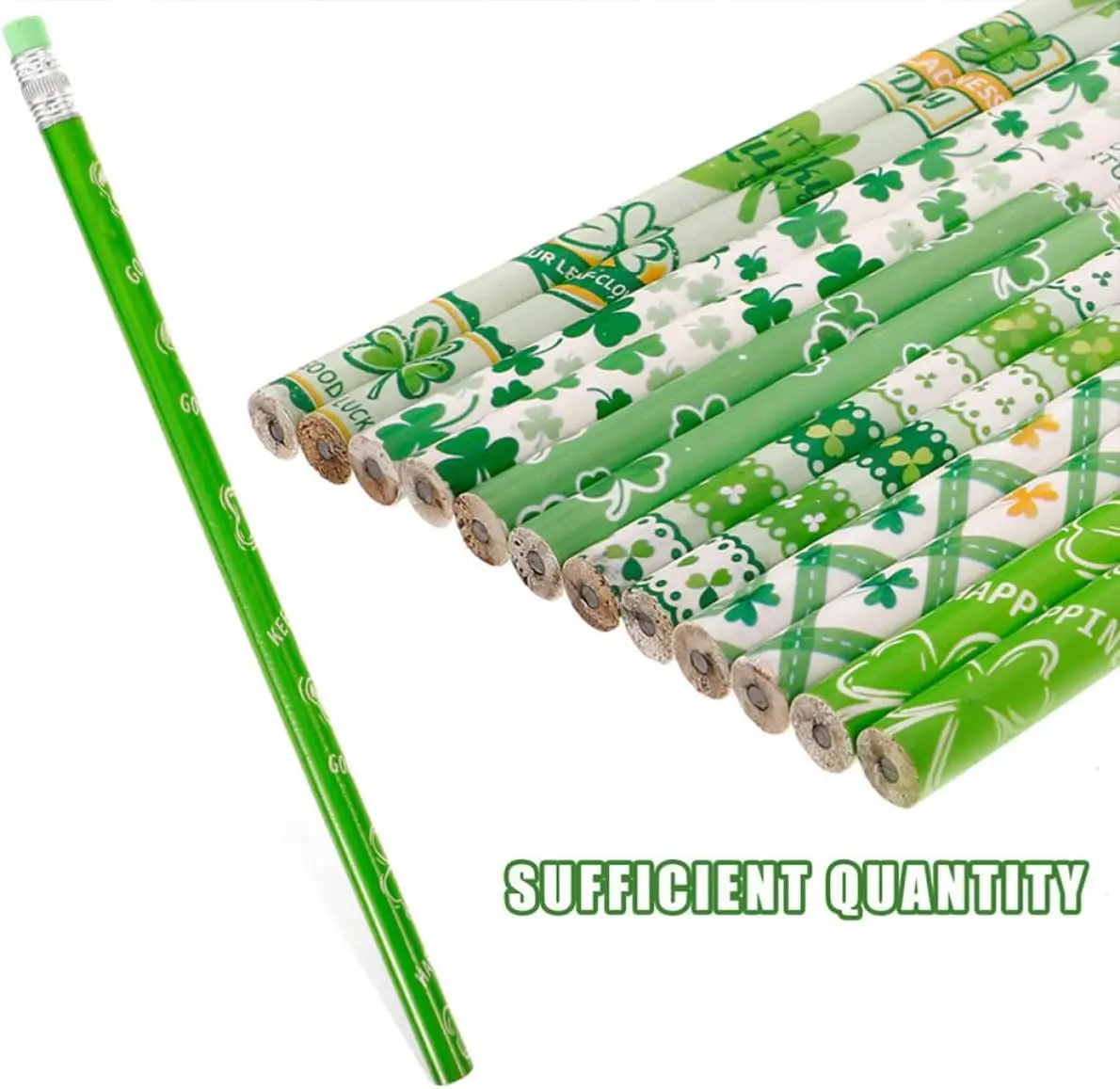 24 Pcs Four Leaf Clover Pencils and Easy Sharpening with Eraser, Pack of 24, Shatterproof Leads for St Patrick's Day Use