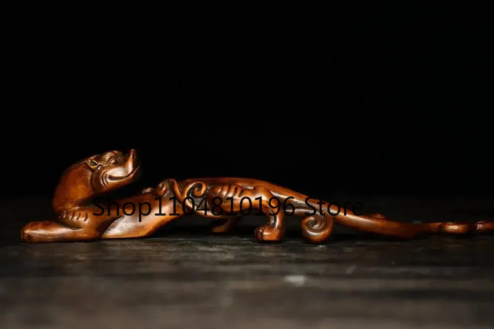 Boxwood Chinese Loong Long tailed Balong statue pen holder Amass wealth