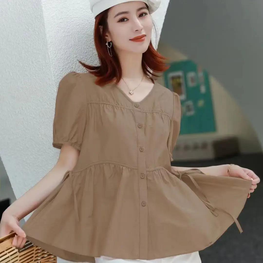 2025 Summer Korean Style V-neck Long-sleeved Button Waist-refreshing Slim-fitting Short-sleeved Shirt Tops for Elegant Women