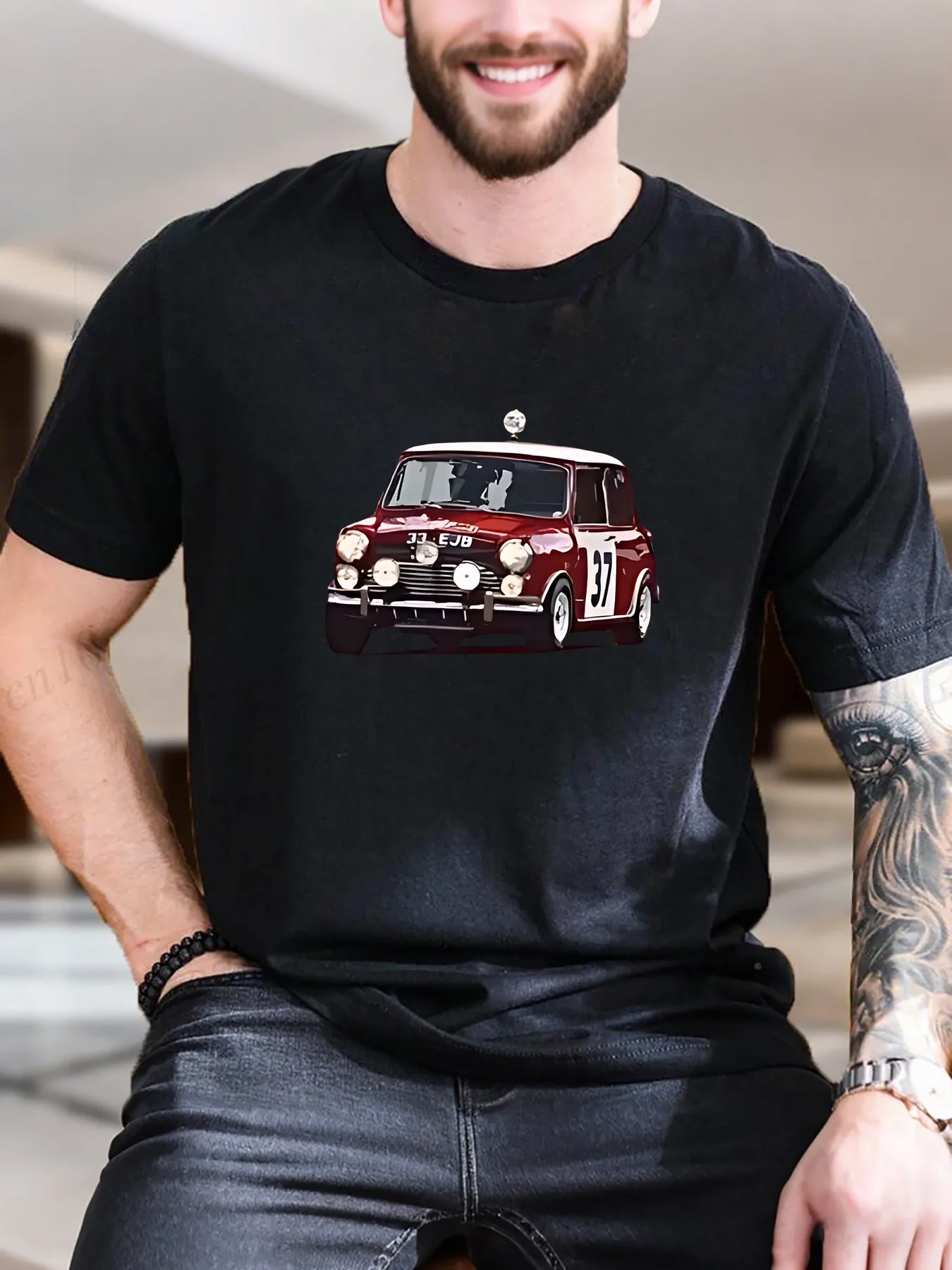 

New Arrival Fashion Men's Cotton Printed T-Shirt Artistic Red and White Mini Car with Dog Design Breathable Soft Fabric for