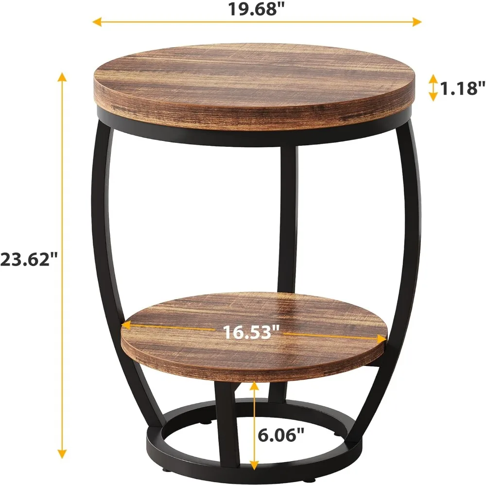 Round End Table Set of 2, 2 Tier Industrial Side Table, Nightstand with Metal Frame, Accent Bedside Table with Storage Shelves