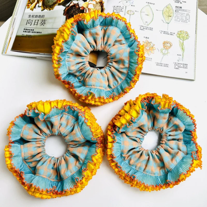 

Sunflower Korean Style Plaid Double Layer Large High-End Scrunchie Retro Sweet Oversized Hair Tie
