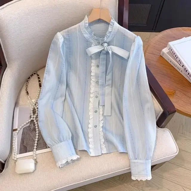 Süße Schleife Student Casual Adrette Hemd Pure Desire Würzige Spitze Französisch Blusa Streifen Pilz Exquisite Sanfte Ropa Mujer