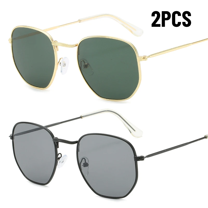 2PCS Vintage Metal Men Sunglasses Brand Designer Sun Glasses Women Female Classic Driving Eyewear uv400 Oculos De Sol Masculino