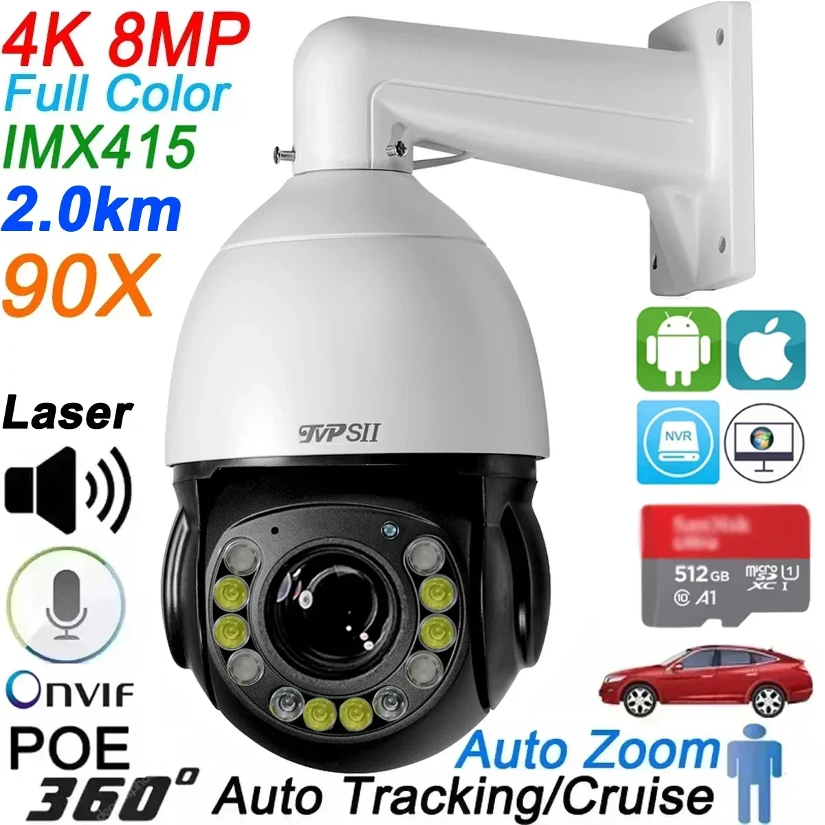 

Onvif Protocol Laser Infrared Full Color Auto Tracking Cruise 8MP 4K 90X 54X Zoom 360° Audio POE PTZ Speed Dome IP Camera