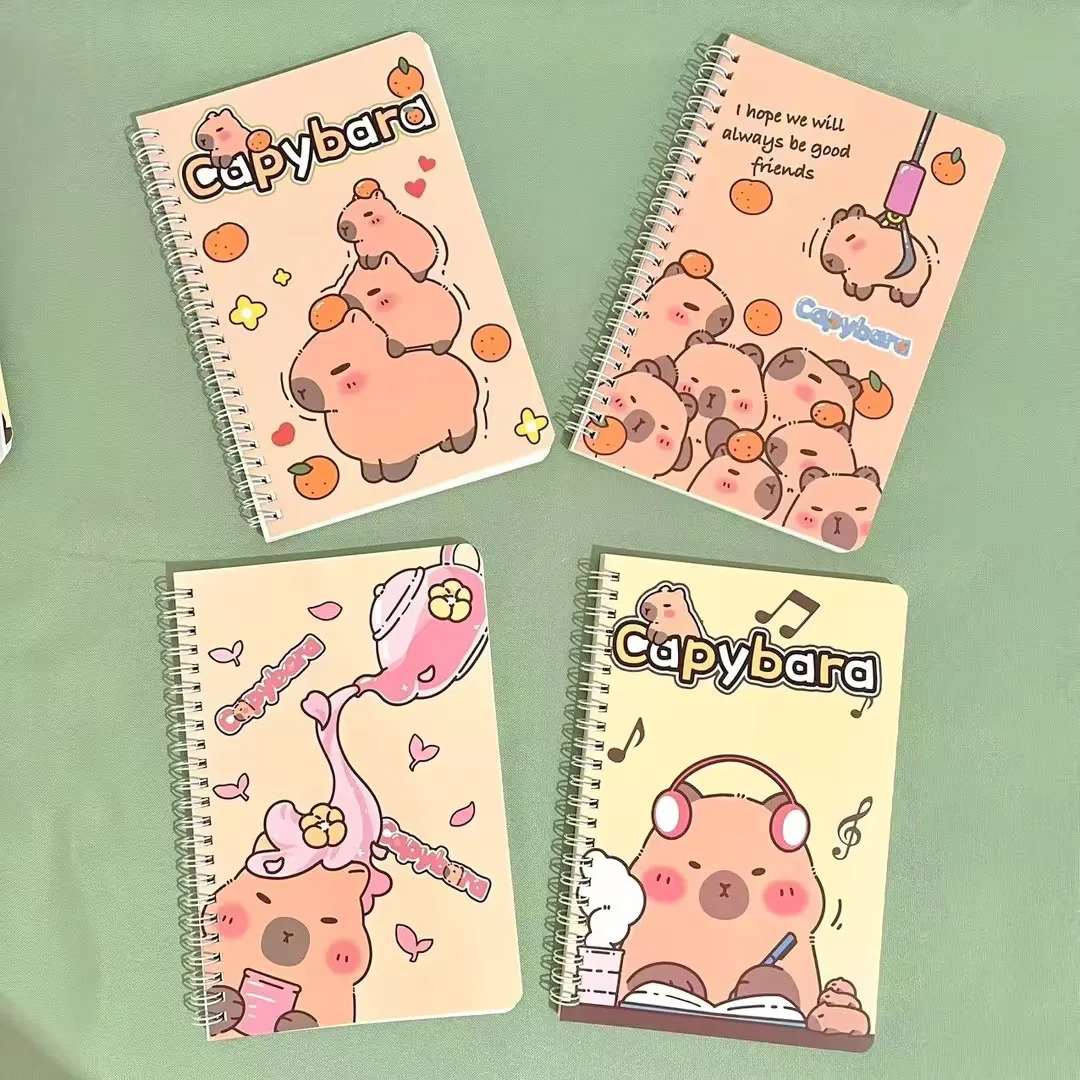 4Book/Set Kawaii Capybara A5 Spiral Notebook Cute Cartoon Lined Journal Student Office Notepad Diary School Stationery Gift