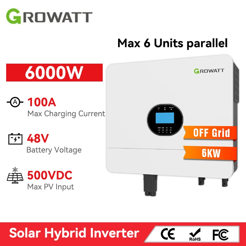 

Growatt 6000W Hybrid Solar Inverter 48V 220V With MPPT 100A Charging Controller Max PV 500VDC SPF 6000 ES Plus Hybrid Inverter