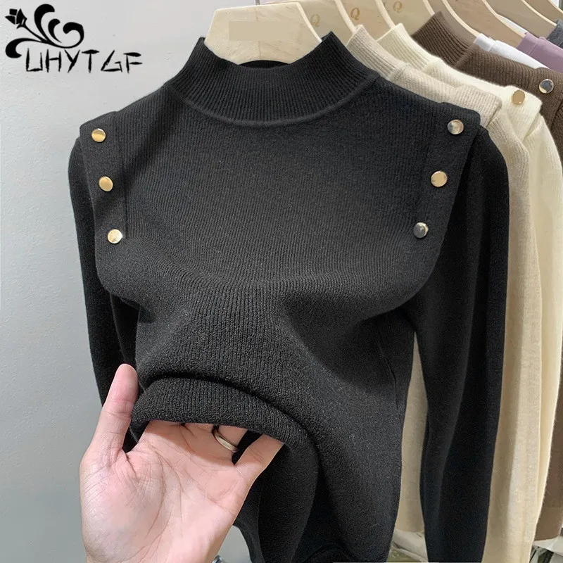 

Winter Clothes For Women Pullover Knit Sweater Women Button Christmas Sweaters Warm Mock Neck Basic Jumper Solid Color Top 1001