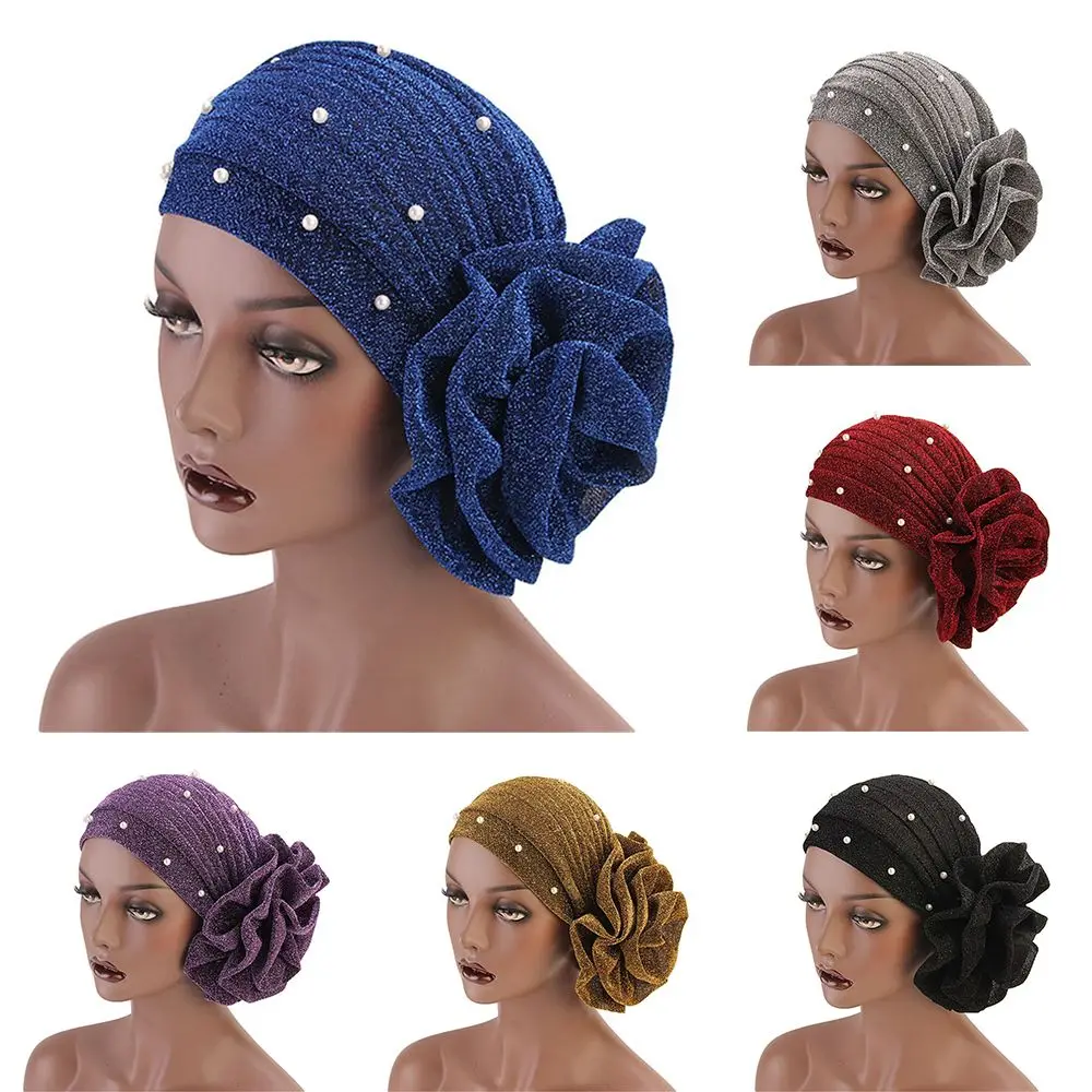 Women Cancer Chemo Cap Big Flower Shiny Silk Muslim Hat Hair Loss Head Scarf Pearls Elastic Turban Head Wrap Cover