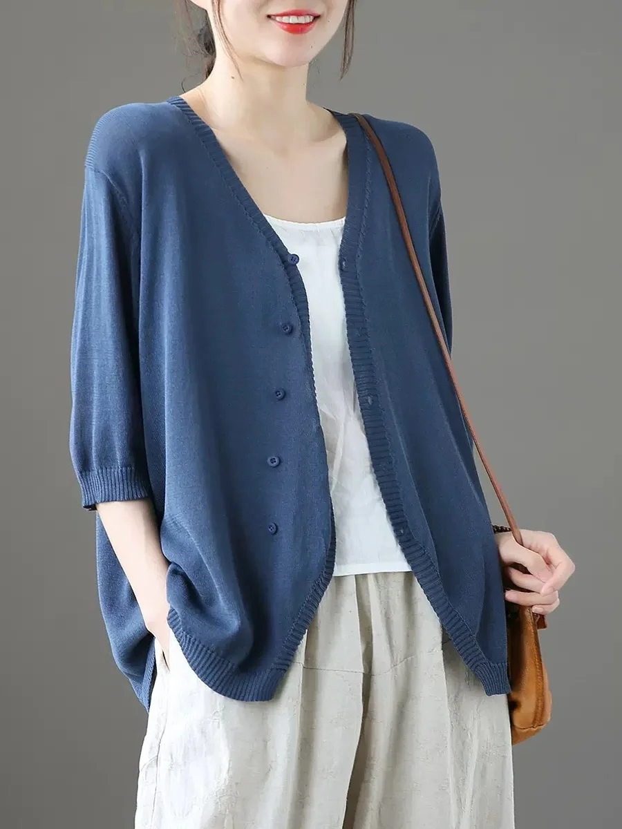 

Women's Ice Silk Knitted Open Cardigan ort Jaet Loose Pure Color Retro Artistic Top V-ne Seven-quarter Sve Thin Model