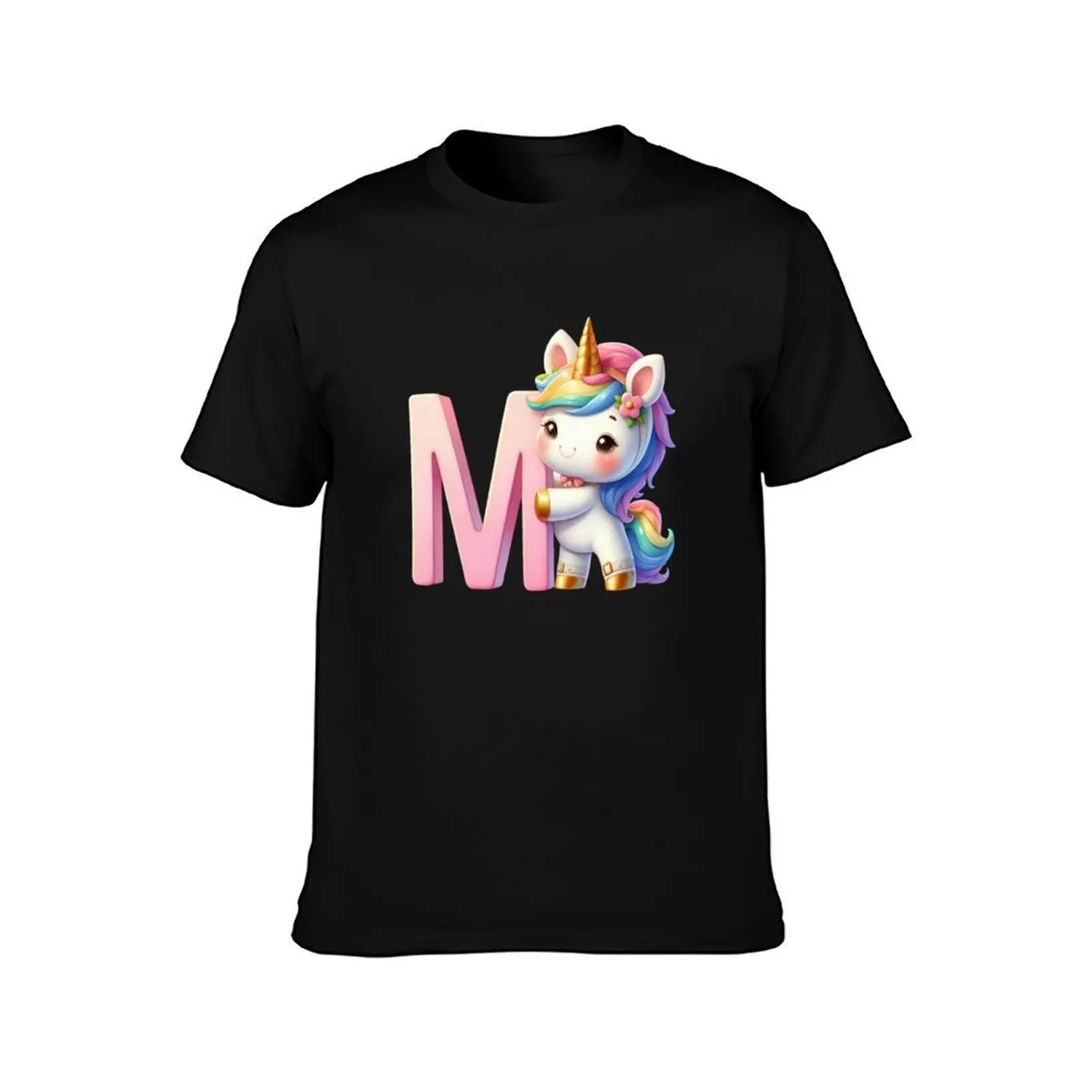 Unicorn kawaii alphabet monogram letter M T-Shirt, Summer Casual Cotton Tee, Oversized Streetwear Tops, Vintage Graphic Print