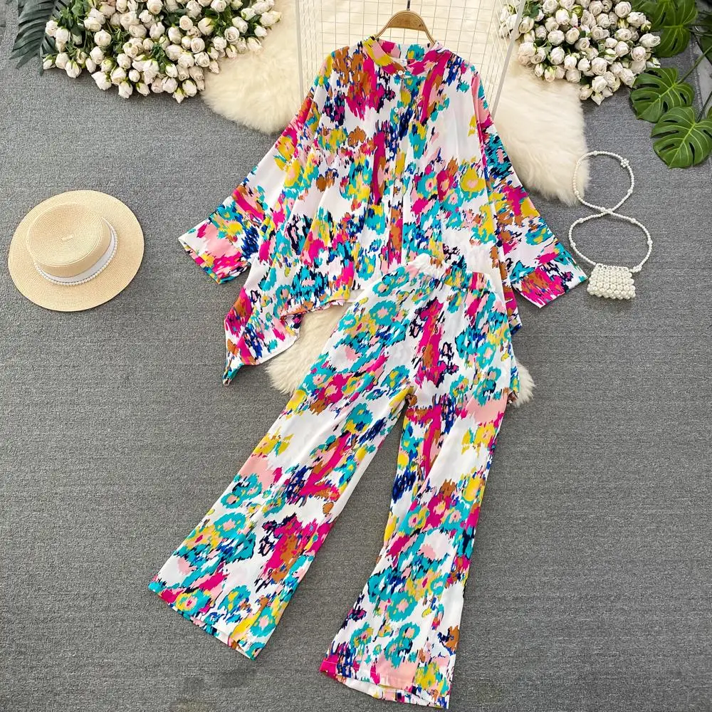 Imagem -05 - Moda Novas Mulheres Casual Loose Floral Calças Terno Boho Elegante Maxi Camisas Blusas Wide-leg Pantsuit Feminino Partido Duas Peças