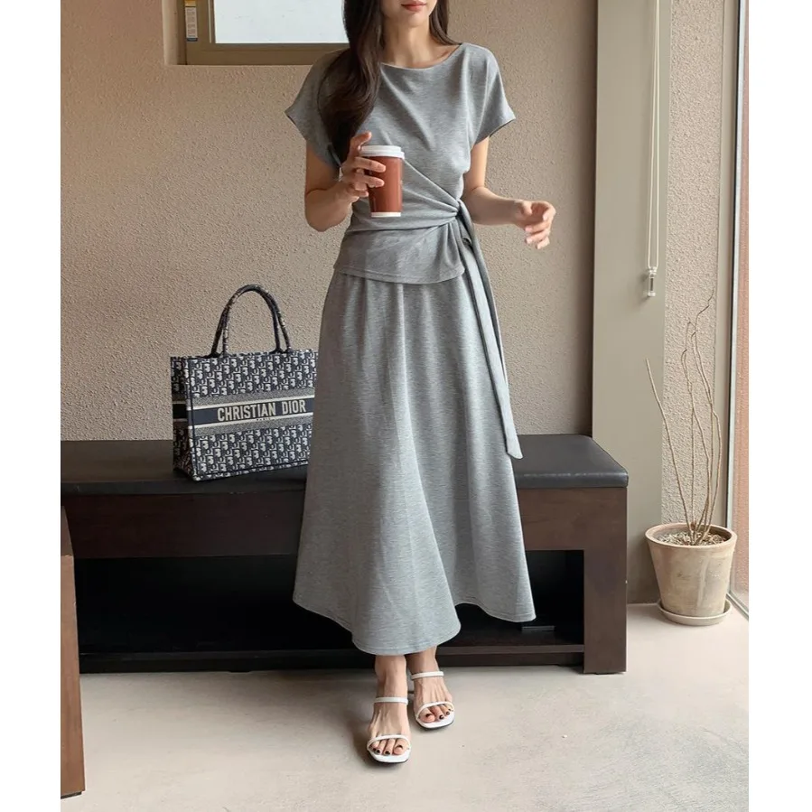 

Korean Style Casual Chic Short Sleeve T-Shirt And High Waist Skirt Two Piece Set Summer Fashion Leisure Long Half Skirt