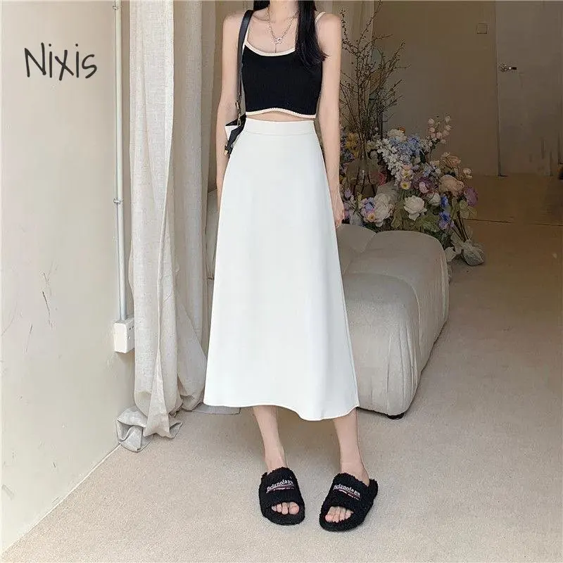 Summer Skirts Women Korean Fashion Solid Midi Skirt Baggy Casual Bottoms Vintage Thin A-line Skirt Plus Size Woman Y2k Clothes