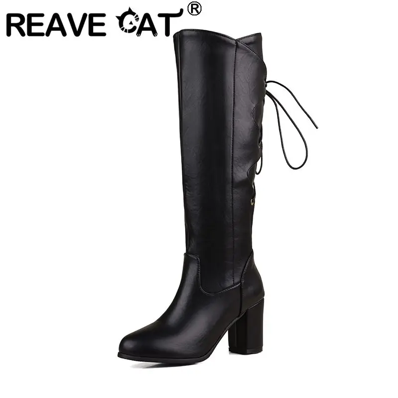 Reave Katze 7,5 Frauen Knies tiefel runde Zehen klobige Absätze cm Schnürung 50 51 52 Mode Reit stiefel