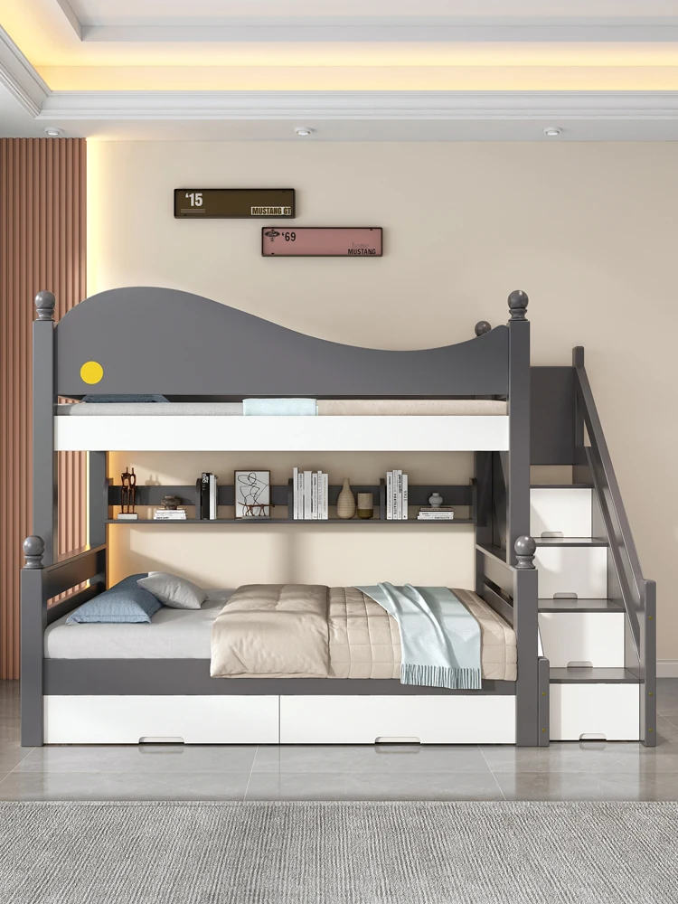 Modern rubber wood solid wood children's bed bunk bed high and low storage child bed sister