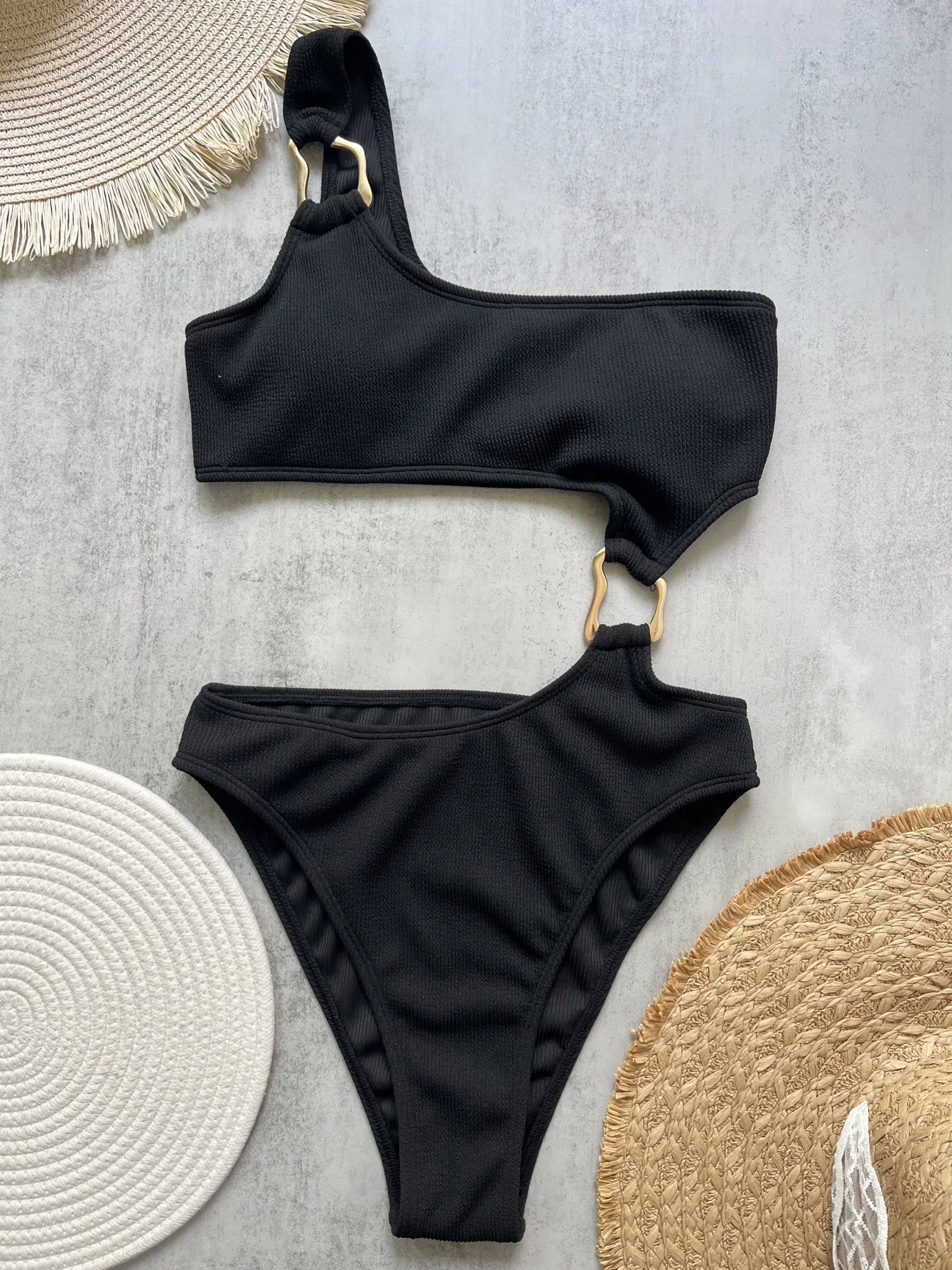 Women's One Piece Swimsuit Ring Cut Out Front High Cut Cheeky Bathing Suit Monokini Swimwear One Shoulder Ribbed Monokini