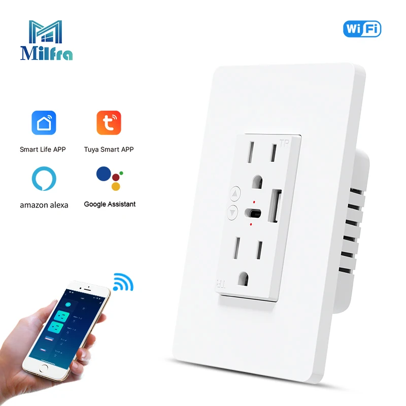 

Умная розетка Milfra Wifi с USB Type-C портом для зарядки, управление через приложение Tuya Smart Life и голосовое управление, стандарт US.