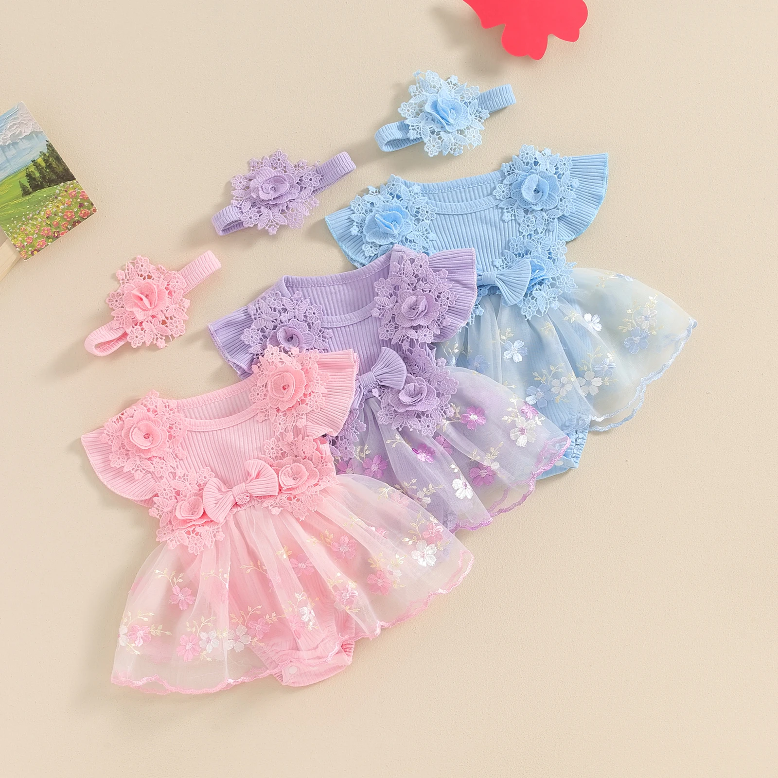 

Baby Girl 2Pcs Summer Outfits Fly Sleeve Floral Embroidered Romper Tulle Dress with Headband Set Cute Baby Lace Bodysuits