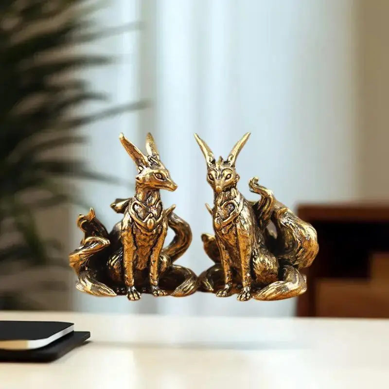 △ Nine Tailed Fox Miniature Figurines Desk Ornament Brass Mythical Fox Statue Mini Copper Animal Sculpture Home Decor Crafts