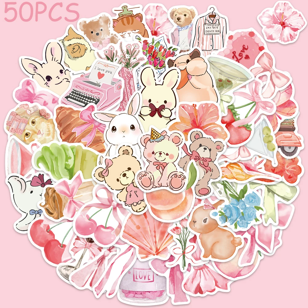 50pcs Cartoon Cute Pink Things Stickers Decals For Phone Laptop Luggage Skateboard Scrapbook Aesthetic Waterproof Stickers