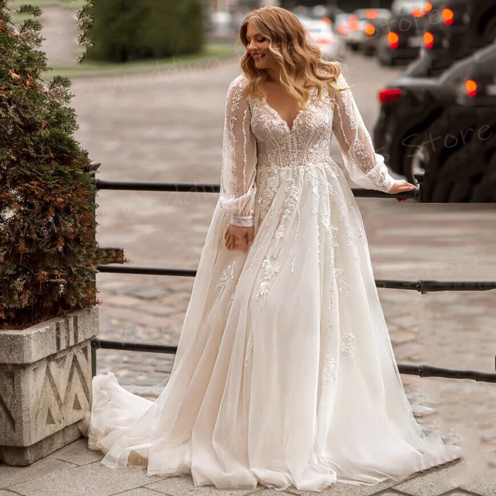 Affascinante scollo A V una linea abiti da sposa da donna classico moderno Appliques di pizzo abiti da sposa generoso manica lunga Vestidos De Novia