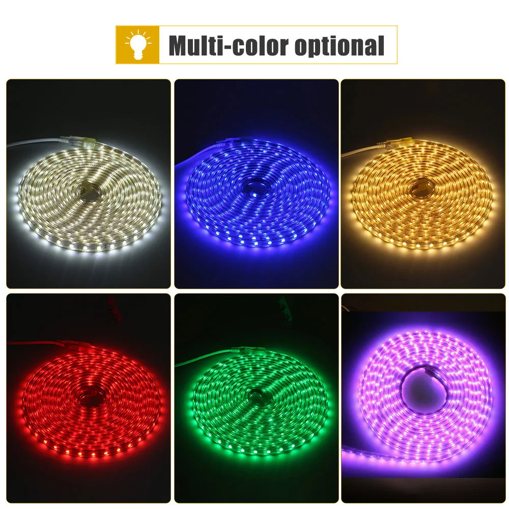 Waterproof LED Strip Light AC 220V 5050 60Leds/m Flexible Tape Lamp Indoor Outdoor Warm Cool White Red Blue Green Pink Home Rope