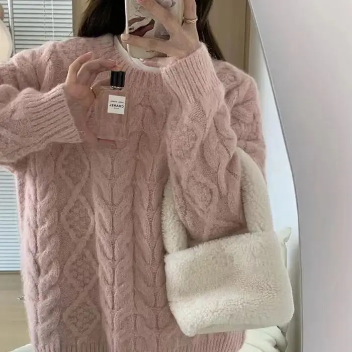 Pink Fried Dough Twists Pullover Sweater Korean Soft Waxy Lazy Style Loose Thickened Knit Top