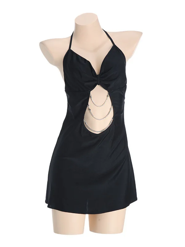 Sexy Deep V Temptation Hollow Diamond Chain Decoration Hanging Neck Wrap Hip Dress Elegant Solid Black Off Shoulder Dresses PM7H
