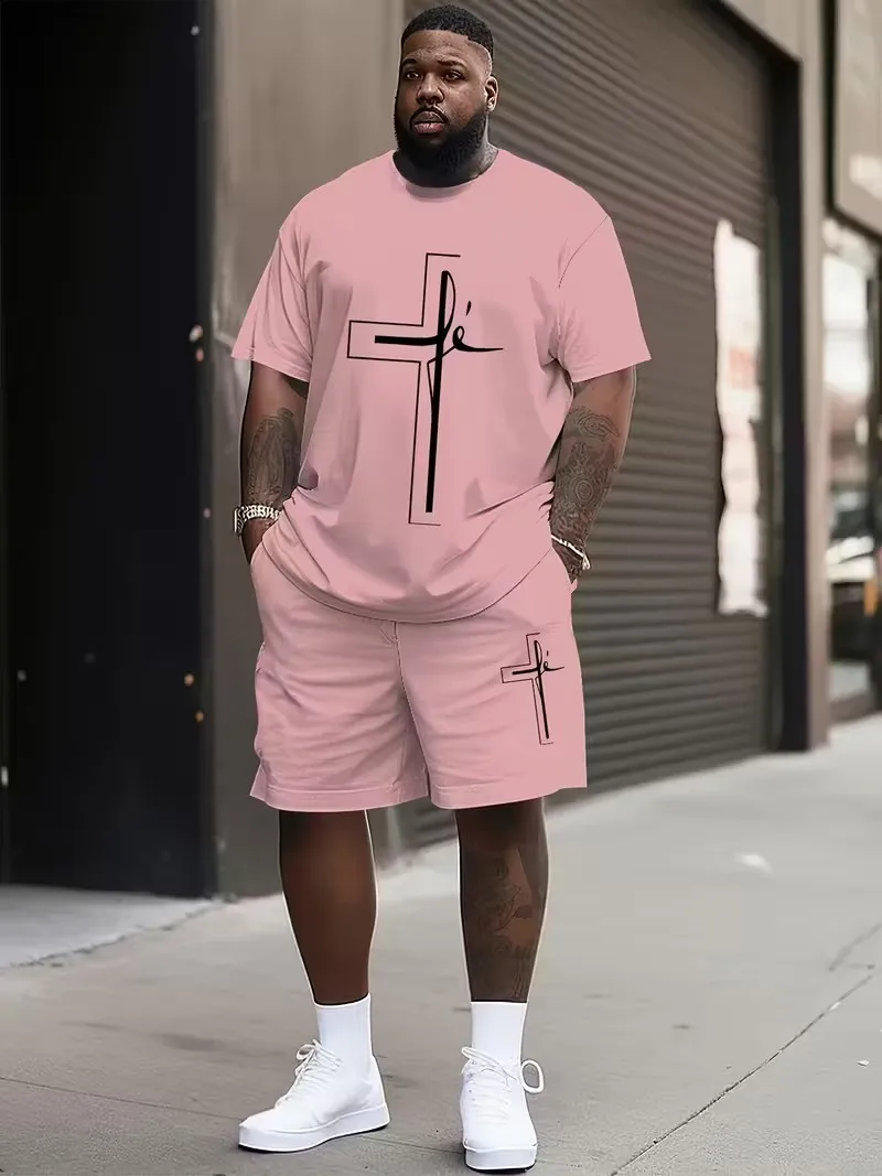 Simple Letter Print T-shirt Shorts 2-piece Set 2025 Fashion Men's Suit Big Size Loose Short Sleeve T Shirt Drawstring Shorts Set