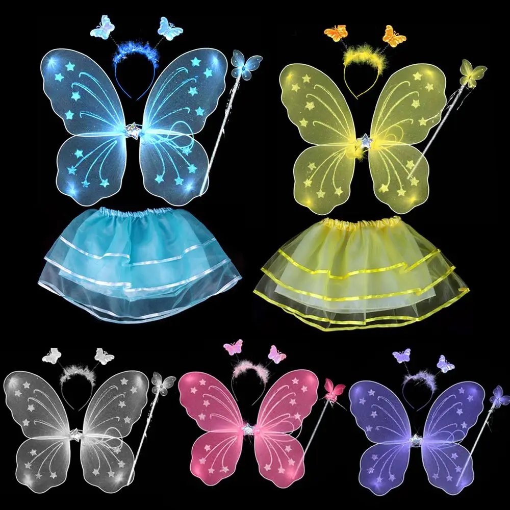 4Pcs Colorful Kids Girls Fairy Princess Costume Sets Stage Wear Butterfly Wings Wand Headband Tutu Skirts