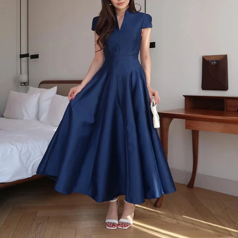 

Fashion Women's Swing Maxi Dress Summer Temperament V-neck Slim Satin Evening Dress Elegant High Waist Solid Color Banquet Dress