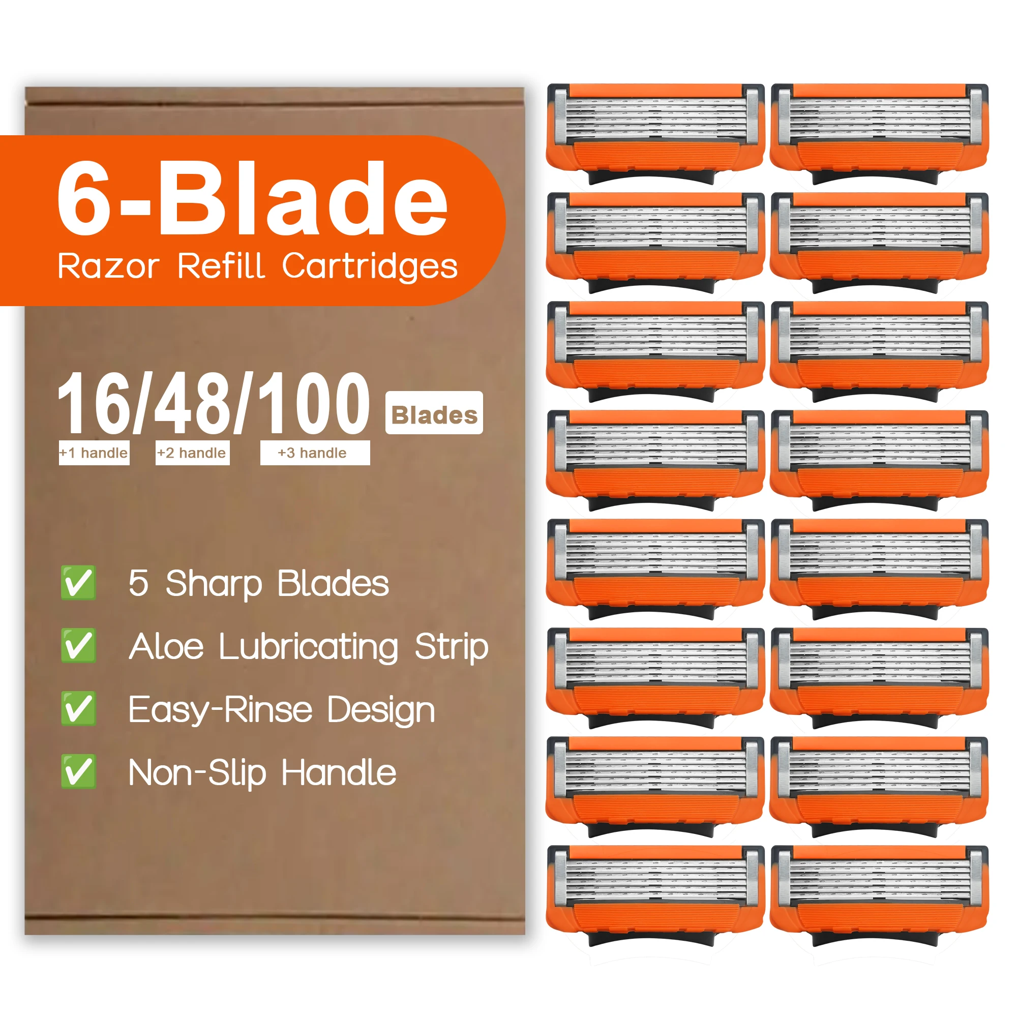 6-Blade Razor Refills for Men, 16-Pack Replacement Blades for Face, Body, and Manscaping, Fits Most Manual Razors