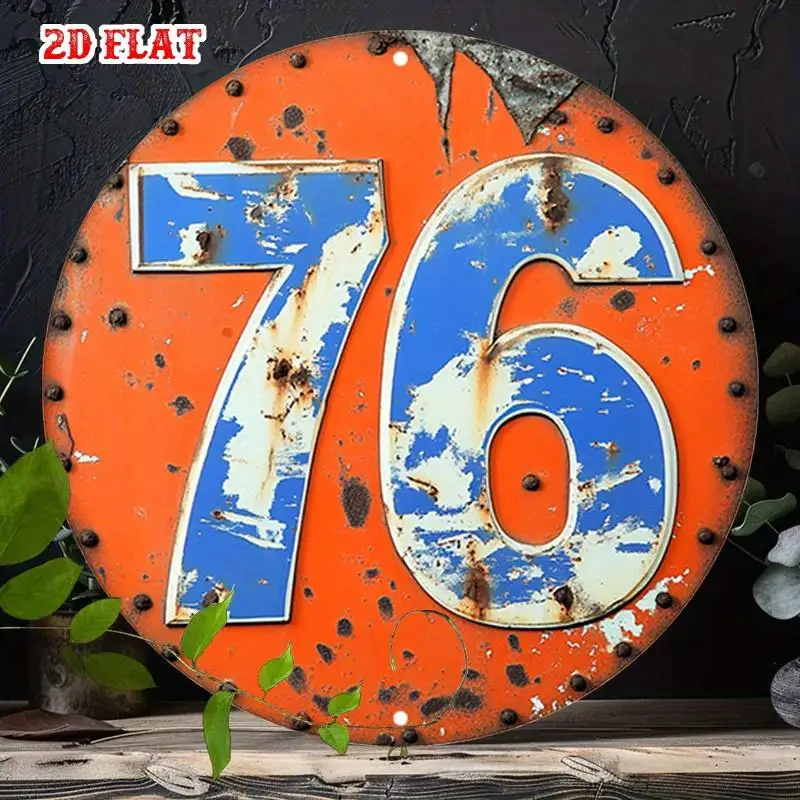 2D Flat - 2D Plane - [2D Plane] 2D Plane - [2D Plane] 1 Vintage Metal Sign - Orange with Blue And White 76 Rivet Decorated Round