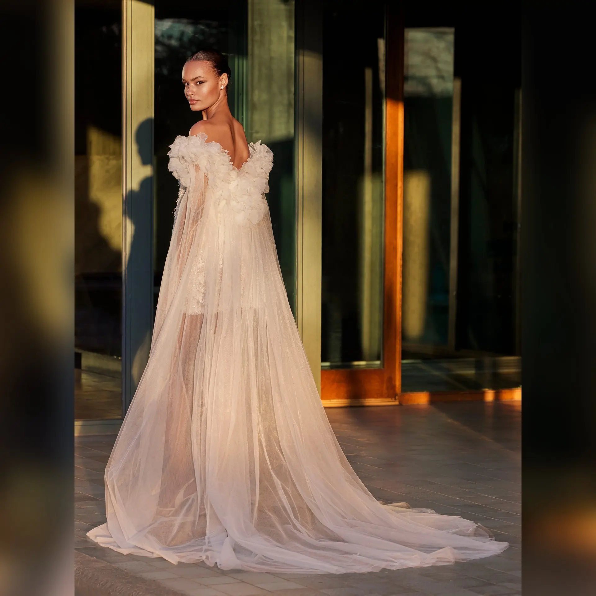 

Ivory Sheer Organza Cape with Flower Applique Romantic Princess Style Wedding Dress Outerwear for Formal Events Bridal Outerwear