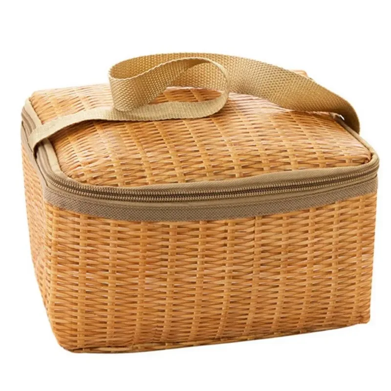 Rattan Woven Waterproof Lunch Box Portable Lunch Tote for Travel Picnic Lunch Bag Food Container Insulated Thermal Bento Bag