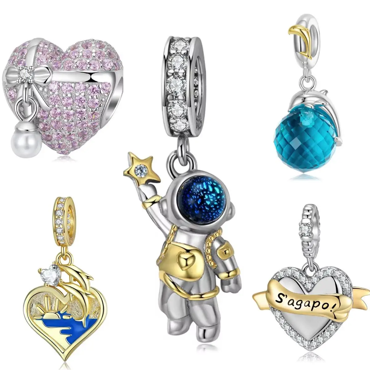 

Astronaut Dolphin Love Gift Authentic 925 Silver Astronaut Charm Couple Envelope Bouquet Ring Pendant Fit Original Bracelets