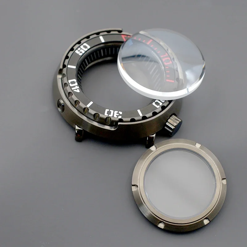 Arma cor atunas caixa de relógio enlatada com cor cinza caber nh34 nh35 nh36 peças relógio aço inoxidável cúpula cristal safira