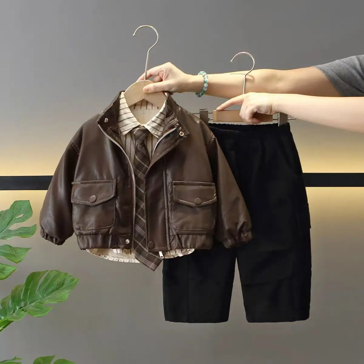 Boys' Leather Jacket for Spring and Autumn, 2025 New Versatile Shirt, Children's Stylish Work Pants, Dopamine Three Piece Set