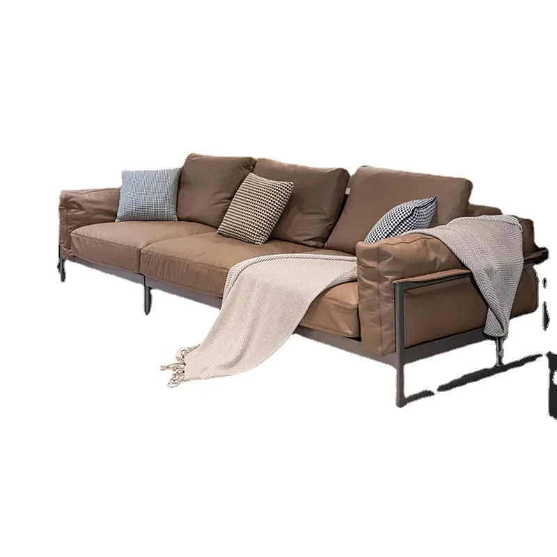 

Italian minimalist light luxury down living room simple modern straight row three-person small apartment cowhide leather sofa