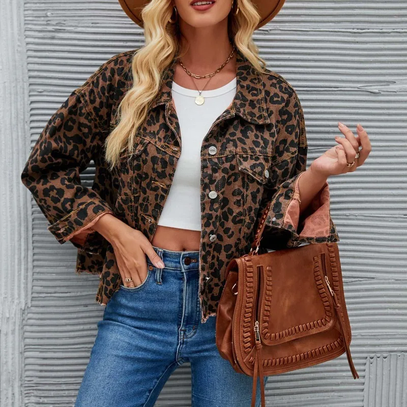 Fashion Leopard Print Tassel Hem Jacket Women Casual Outerwear Female Spring Autumn Lapel Single-breasted Cardigan Denim Coat