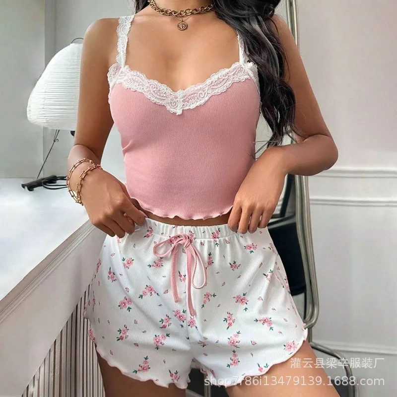 

Women Pajama Set Lace Patchwork V-Neck Sleepwear Sexy Female Nighties Suit Cami Top Printed Shorts Soft Pyjamas Loungewear 2psc